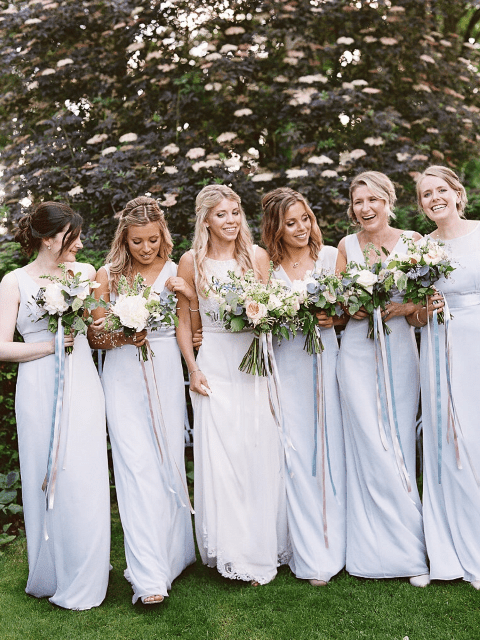 Bridesmaids with bouquets by Juliet Bennett of Babylon Flowers. Photography by @DepictPhoto on Rachel Head Humanist Wedding Celebrant Website